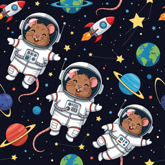 Cute astronaut mice explore a whimsical space with planets rockets and stars Perfect for kids designs
