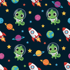 Cute chameleon astronauts rockets and planets in space Fun seamless pattern for kids design
