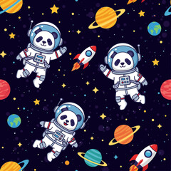 Cute astronaut pandas rockets and planets in space Whimsical childrens adventure design