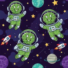 Cute triceratops astronauts exploring space among planets stars and rockets Fun childhood adventure