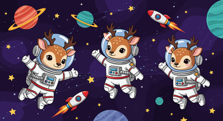 Cute cartoon deer astronauts explore space with rockets and planets Fun imaginative adventure