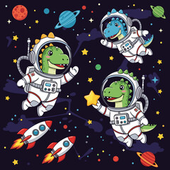 Happy cartoon dinosaurs exploring space in astronaut suits with planets stars and rockets Fun adventure