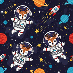 Cute astronaut deer float among planets and stars in a whimsical space adventure pattern