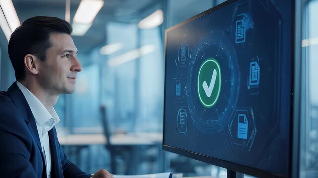Businessman observing a computer screen with digital document icons and a checkmark