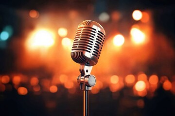 Retro audio microphone on stage with blurred background lights - close-up vintage stand front