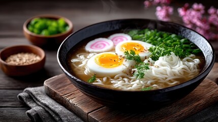 Delicious Ramen Bowl Featuring Eggs Noodles and Fresh Green Onions in Dark Toned Bowl on Rustic Wooden Tabletop in Warm Cinematic Lighting