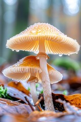 Glowing mushrooms collecting dew drops in autumn forest