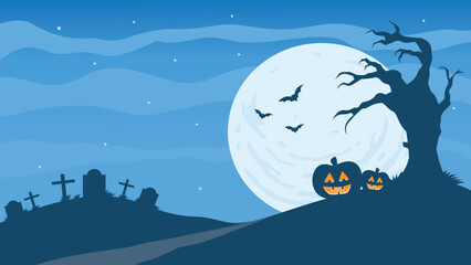 Halloween-themed silhouette background featuring pumpkins, bats, tombstones, and a large full moon.