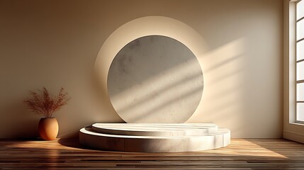 Minimal round pedestal placed in front of beige wall with top two-thirds empty, ideal for product display, advertising, modern design, home decor, branding, and commercial use.