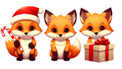 Three cute Christmas fox character variations isolated on transparent background