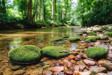 Moss Covered Rocks in a Forest Stream: Nature, Water, Stream, Forest, Moss, Rocks, Green, Serenity, Landscape, Tranquility