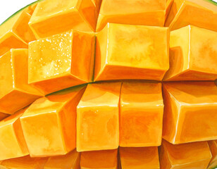 Cubes of Ripe Cantaloupe Melon in Decorative Pile Isolated on Transparent Background PNG