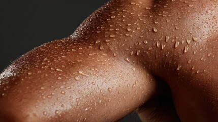 Fototapeta premium Close-up of muscular arm covered with beads of perspiration after workout. Great for fitness, health, and hard work related visual projects.