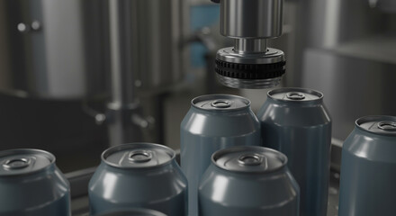 Illustration of canned beverage packaging and sealing on an industrial production line.