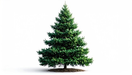 A lush green fir tree stands isolated against a bright white background, displaying symmetrical branches and dense needles