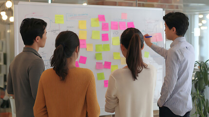 Team standing around whiteboard brainstorming with colorful sticky notes and someone holding marker. Creative workplace collaboration.