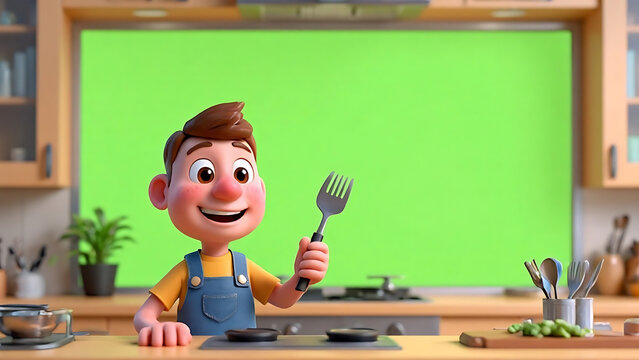 3D Animated Boy Chef Holding Spatula in Modern Kitchen with Green Screen Background