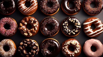 Colorful Glazed Donuts with Sprinkles - Delicious Assorted Baked Sweet group arranged circular pattern