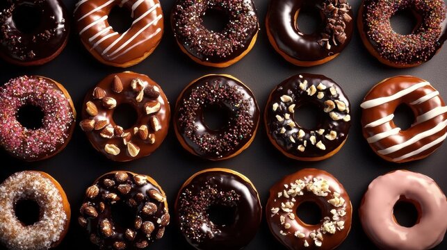 Colorful Glazed Donuts with Sprinkles - Delicious Assorted Baked Sweet group arranged circular pattern