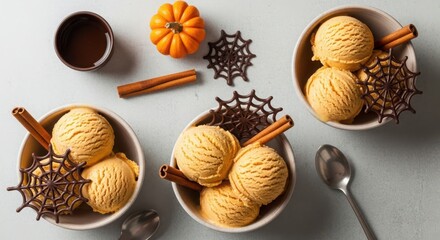 Halloween pumpkin spice ice cream in bowls with spiderweb decoration
