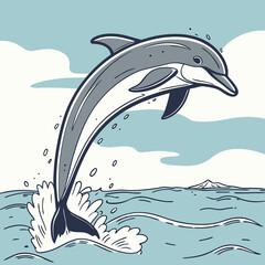 Obraz premium A cartoon dolphin leaping out of the ocean water with clouds in the background on a sunny day scene drawing