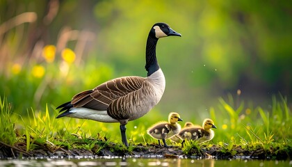 Canada goose family by a pond