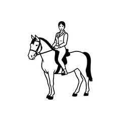 Black and white line art of a beautiful woman with perfect body riding horse elegant minimalist illustration