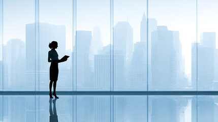 Fototapeta premium Working woman leader standing by floor-to-ceiling window presenting PPT with city skyline background. Empowering professional female figure.