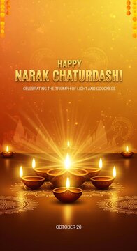 Happy narak chaturdashi festival of lights with glowing diyas and golden glow