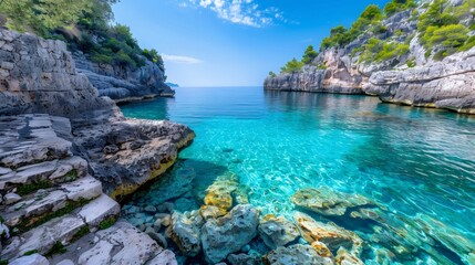 Fototapeta premium Turquoise water reflecting sunlight in a peaceful cove