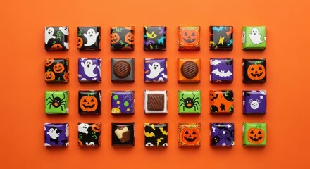 Variety of small halloween candies with festive wrappers on an orange background