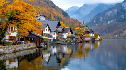 Fototapeta premium Hallstatt reflecting on the lake during a colorful autumn day