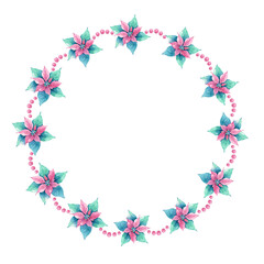 Wreath of poinsettia flowers and red berries. Watercolor