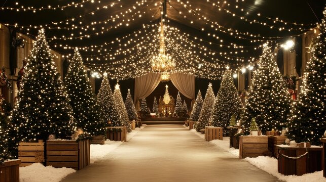 Indoor Christmas Market: Festive Decorations, Snow-Covered Trees, Traditional Holiday and large market multiple