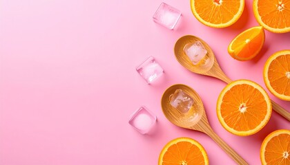Vivid orange slices & ice cubes rest on spoons over a light pink backdrop, conveying freshness and a summery vibe