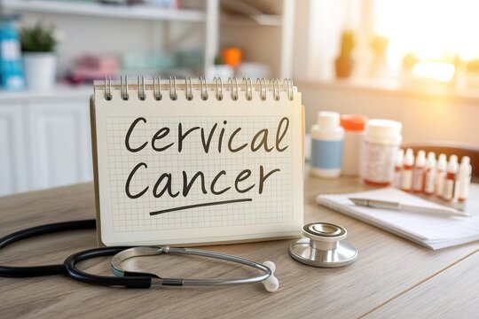 Medical awareness about cervical cancer with a stethoscope and medicine bottles on a desk
