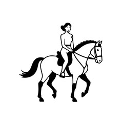 Black and white line art of a beautiful woman with perfect body riding horse elegant minimalist illustration