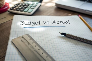 Detailed comparison of budget versus actual financials on a notepad with a calculator and laptop nearby