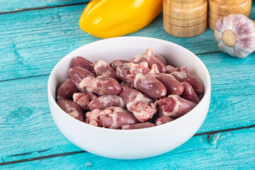 Raw chicken hearts for cooking