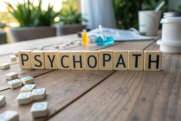 Scrabble tiles spelling 'PSYCHOPATH' on a wooden table with plants and office supplies in the background