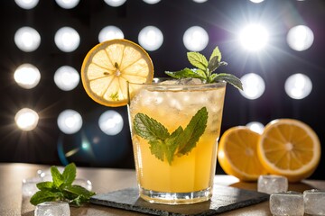 Refreshing citrus cocktail garnished with mint and lemon, set against a backdrop of bright lights
