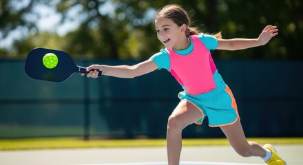 Young athlete plays pickleball outdoors, showcasing energy and skill in a summer match with friends