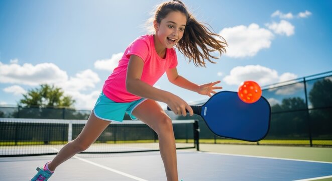 Young athlete enjoys a spirited game of pickleball on a sunny outdoor court during summer training session