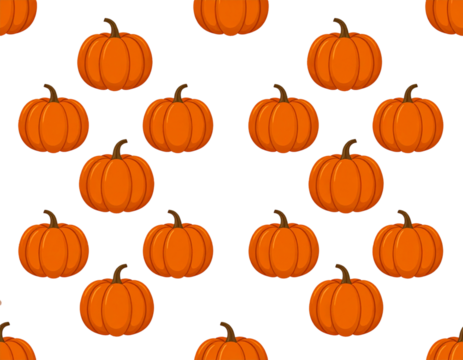 A modern minimalist Thanksgiving pattern featuring pumpkins arranged in a geometric grid, clean vector style with flat colors of orange and beige, subtle decorative lines, transparent background.