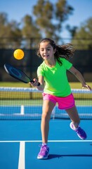 Young athlete performs a dynamic pickleball shot during an outdoor practice session on a sunny day