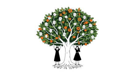 Vector art of two women reaching for fruit on a tree of faces