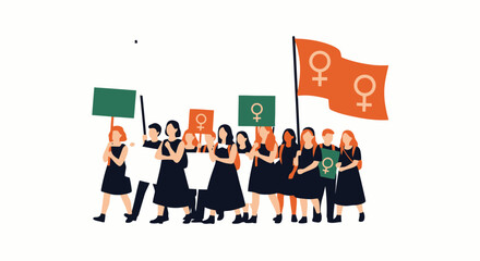 Vector art of women protesting with signs and flags