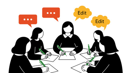 Vector art of team meeting for editing and discussion