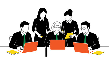 Vector art of business people gathered around a table with laptops