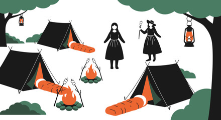 Vector art of camping scene with tents, campfire, and marshmallows